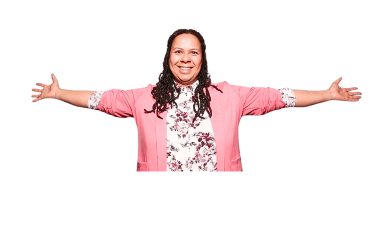 A picture of Katie J Davis with open arms, ready to hug anyone who needs it.