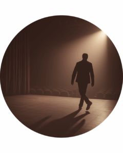 Black and white image. A man in a suit walked across an empty stage. A single spotlight is directed at him.